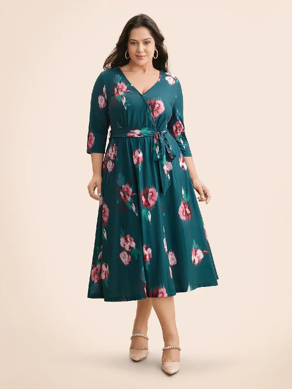 Overlap Collar Floral Midi Dress