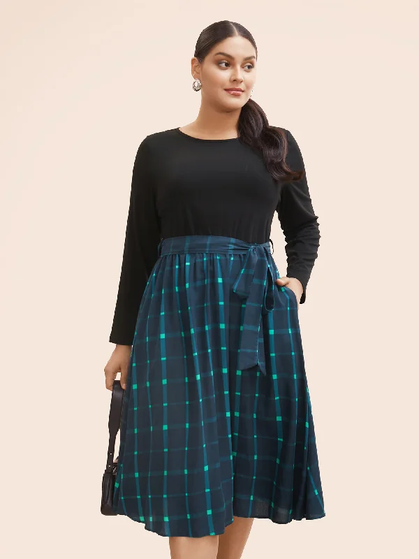 Plaid Patchwork Belted Midi Dress