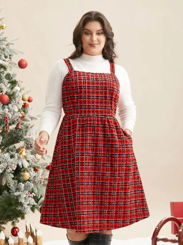 Plaid Pinafore Elastic Waist Midi Dress