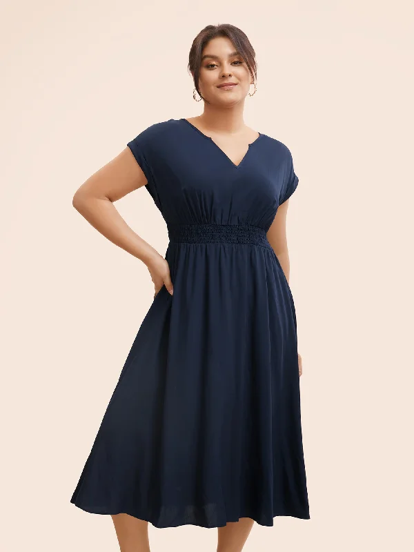 Plain Shirred Cap Sleeve Midi Dress