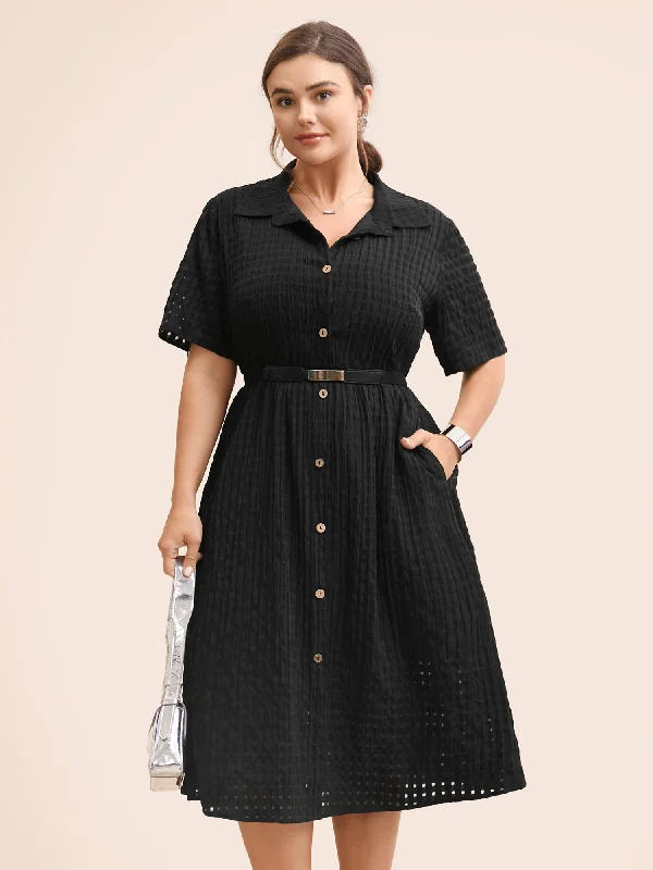 Plain Shirt Collar Texture Midi Dress