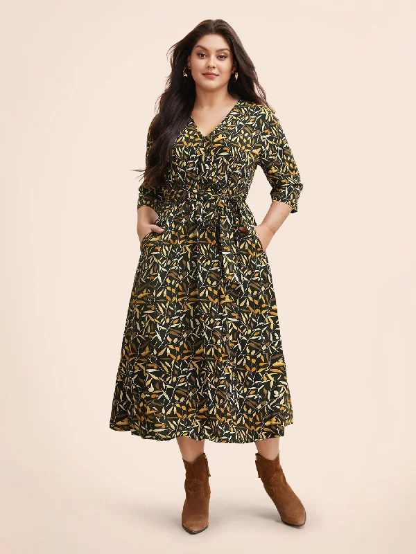 Plants Print Overlap Collar Midi Dress