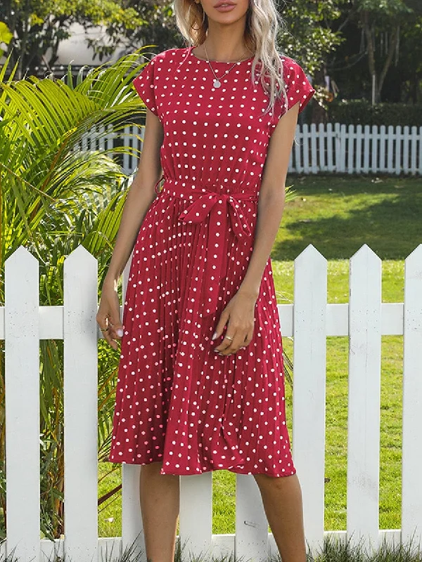 Polka Dot Pleated Midi Dress with Belt