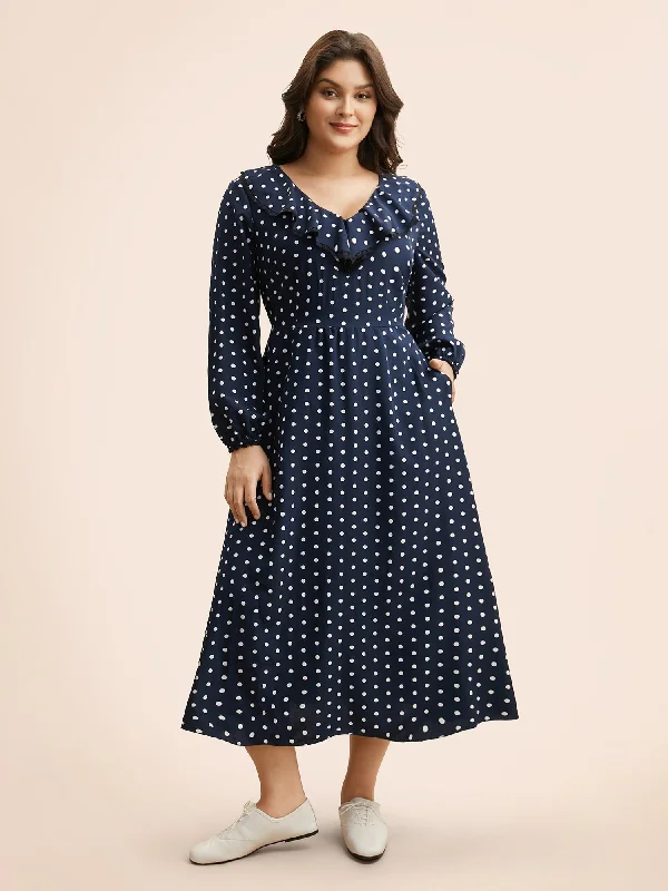 Polka Dot Ruffle Trim Midi Dress