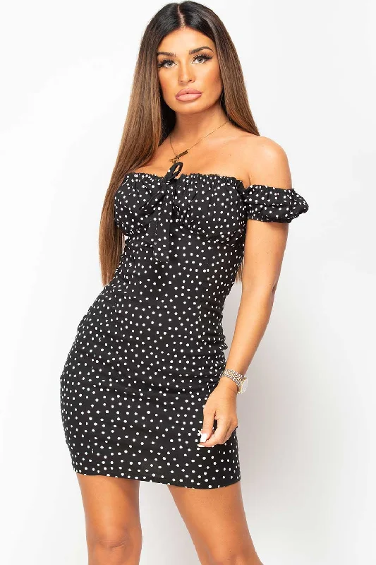 Polka Dot Tie Front Bodycon Mini Dress Black And White