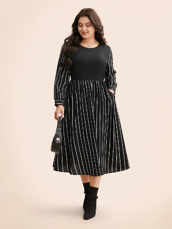 Round Neck Striped Patchwork Midi Dress