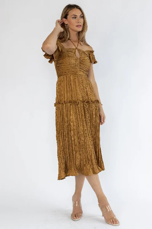 Ruche Me Right Golden Midi Dress Elegant Faux Wrap Midi Dress