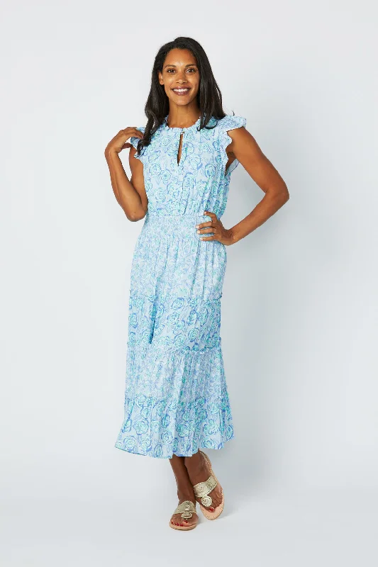 Sail to Sable Flutter Sleeve Midi Dress - Blue Multi Elegant Satin Button Midi Dress Sail to Sable Flutter Sleeve Midi Dress - Blue Multi Elegant Satin Button Midi Dress