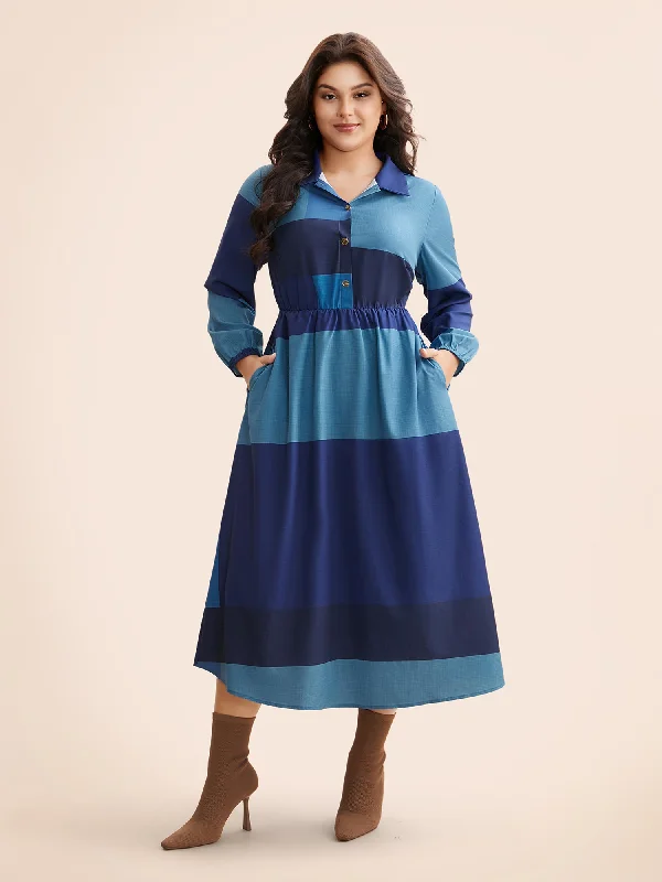 Shirt Collar Colorblock Contrast Midi Dress