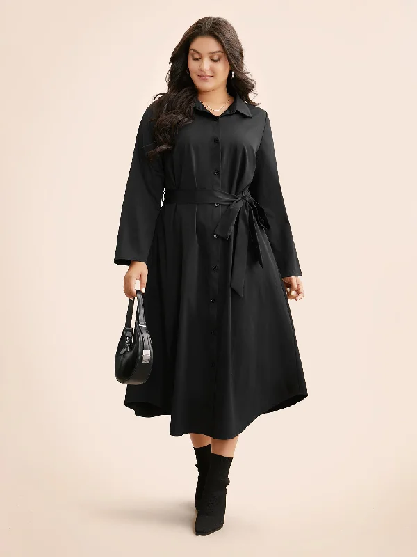 Shirt Collar Curved Hem Midi Dress