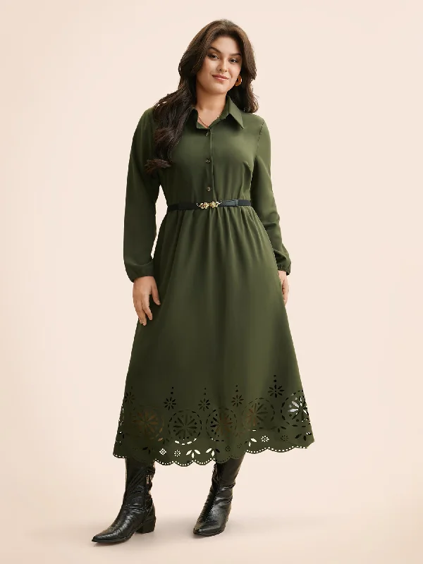 Shirt Collar Laser Cut Midi Dress