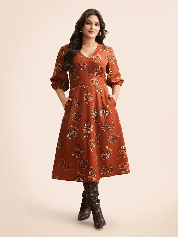 Snake Print Lantern Sleeve Midi Dress