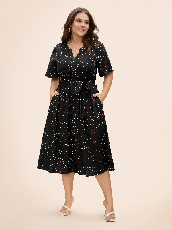 Split Neck Confetti Print Midi Dress