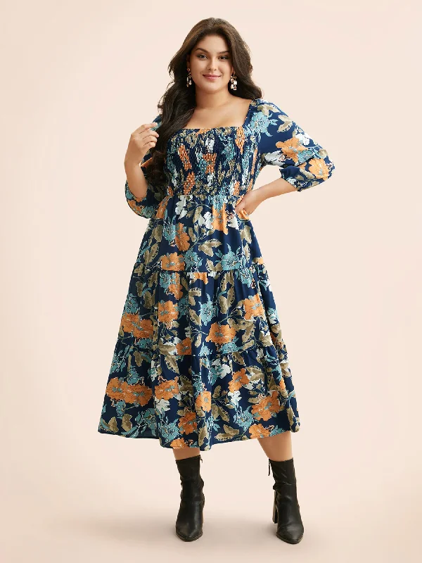 Square Neck Floral Shirred Midi Dress