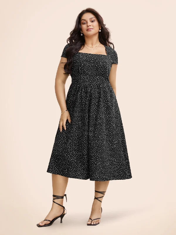 Square Neck Polka Dot Shirred Midi Dress