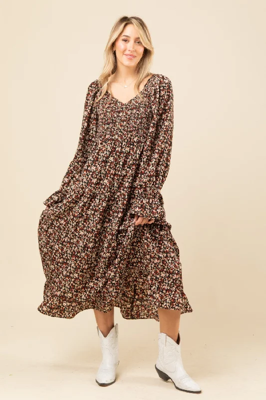 Steeley (Floral Midi Dress in black) Comfortable Stretch Midi Dress