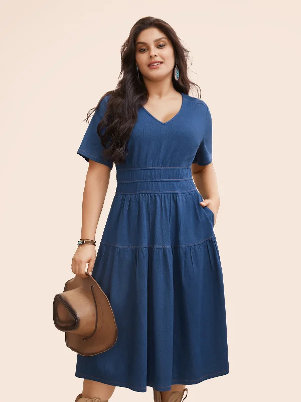 Stretch Denim Pockets Tiered Midi Dress