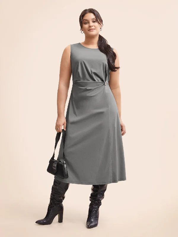 Stretch Woven Crushed Pleated Midi Dress