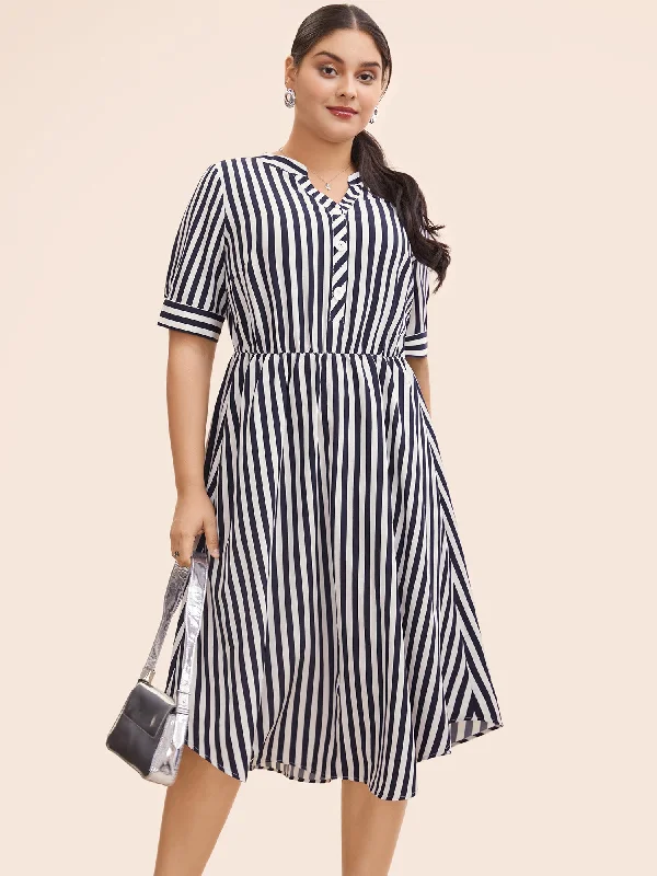 Striped Notched Button Detail Midi Dress