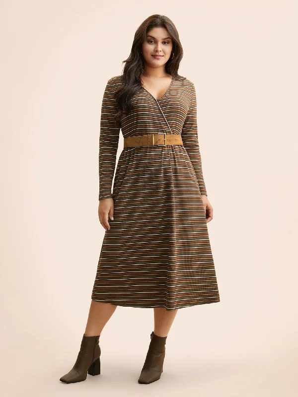 Striped Overlap Collar Midi Dress