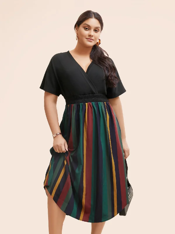 Striped Overlap Collar Shirred Midi Dress