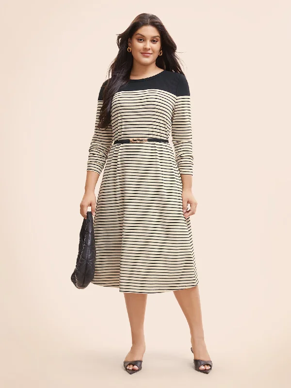 Striped Patchwork Rib Knit Midi Dress