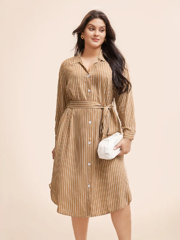 Striped Shirt Collar Curved Hem Midi Dress