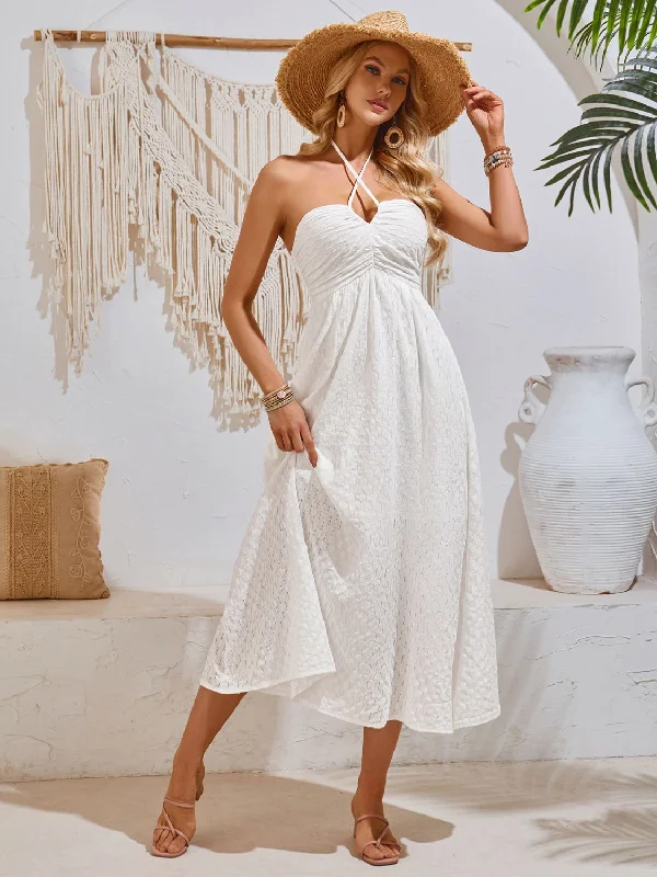 Swiss Dot Halter Neck Midi Dress Fashionable A-Line Midi Dress