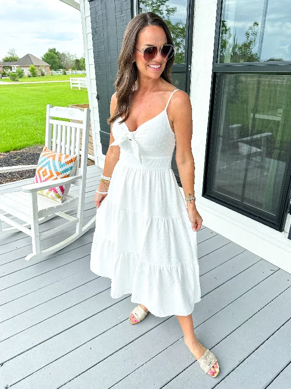 Swiss Dot Tie Front Midi Dress Comfortable Fit-and-Flare Midi Dress