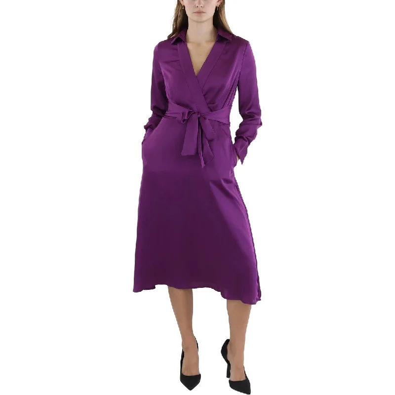 Tahari ASL Womens Satin Belted Midi Dress Trendy Square Neck Midi Dress