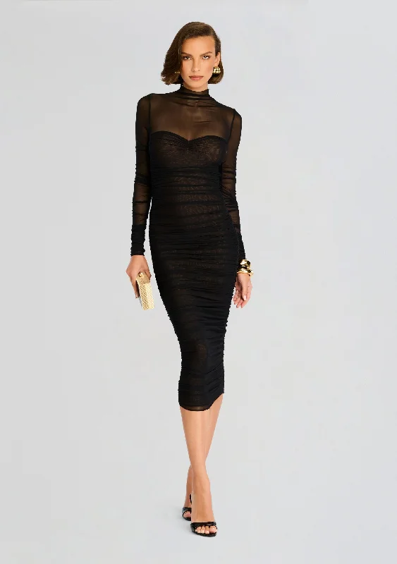 Trina Mesh Ruched Midi Dress Stylish Off-Shoulder Ruffle Dress