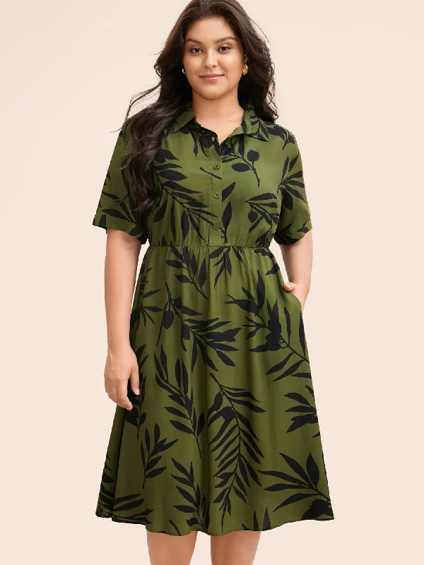 Tropical Print Shirt Collar Midi Dress