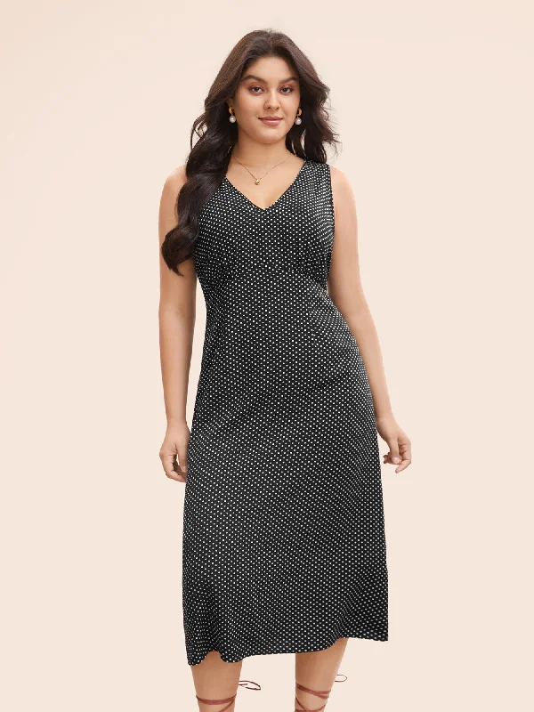 V Neck Polka Dot Midi Dress