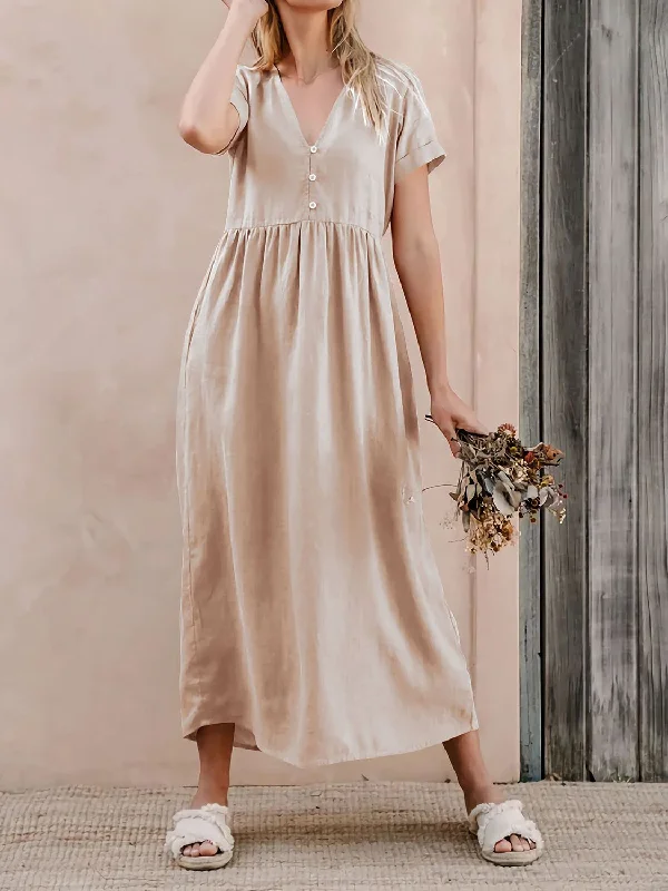 V-Neck Short Sleeve Midi Dress Trendy A-Line Midi Dress