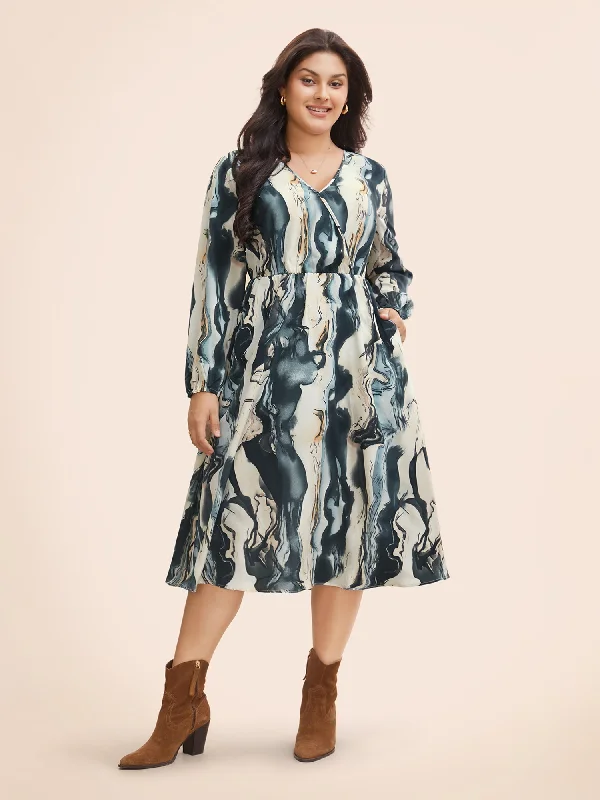 Watercolor Floral Overlap Collar Midi Dress