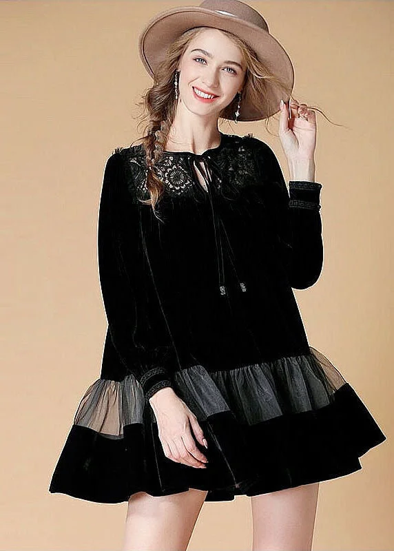 Women Black Embroideried Patchwork Velour Mini Dress Spring