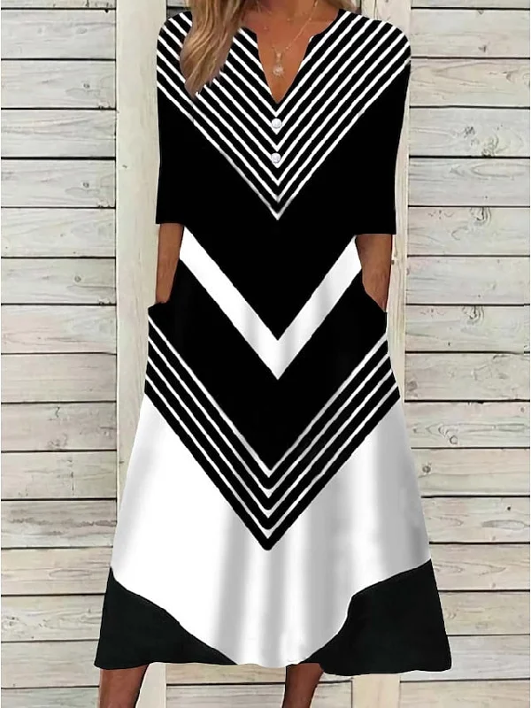 CityHottie - Women's Casual Dress Shift Dress Midi Dress Black and white stripes Green Dark Blue Half Sleeve Color Block Button Summer Spring V Neck Basic Vacation 2024 S M L XL XXL 3XL