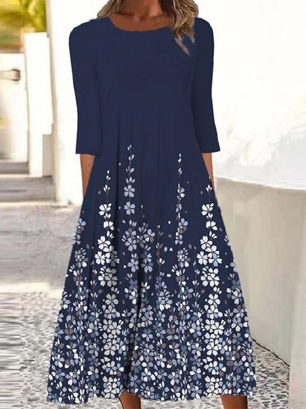 CityHottie - Women's Casual Dress Shift Dress Midi Dress Navy Blue 3/4 Length Sleeve Floral Ruched Summer Spring Crew Neck Basic Vacation Fall Dress Summer Dress 2024 S M L XL XXL 3XL