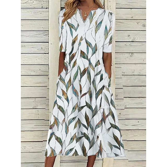 CityHottie - Women's Casual Dress Shift Dress Midi Dress White Blue Half Sleeve Leaf Print Summer Spring V Neck Classic Vacation 2024 S M L XL XXL 3XL