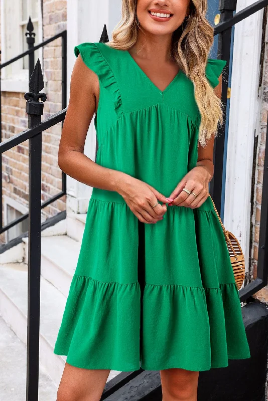 V Neck Sexy Solid Color Casual Fly Sleeve Midi Dress