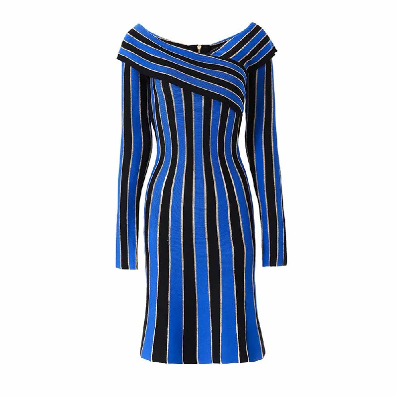 Women's long sleeve knit mini dress blue striped elegant dress