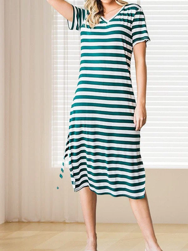 Striped V-Neck Slimming Midi Dress With Short Sleeves