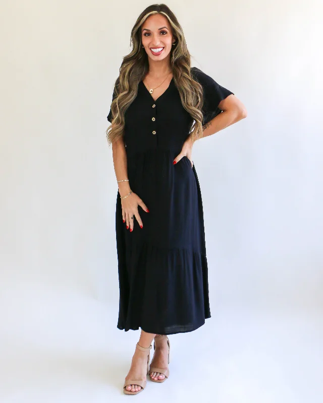 Woven Tiered V Neck Midi Dress in Black Fashionable One-Shoulder Midi Dress