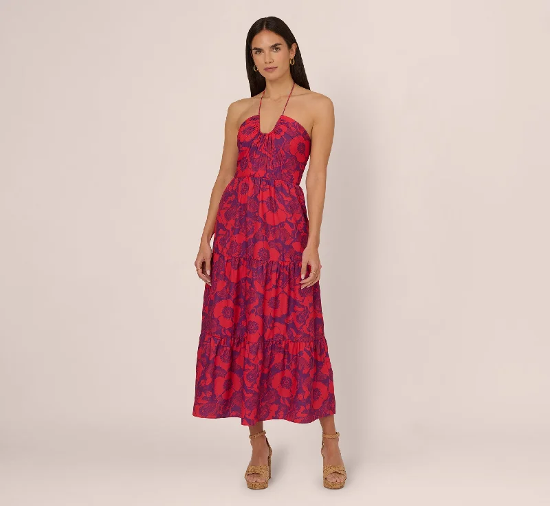 Abstract Flower Print Maxi Dress With Halter Neckline In Purple Red Fashionable Chiffon Maxi Dress Abstract Flower Print Maxi Dress With Halter Neckline In Purple Red Fashionable Chiffon Maxi Dress