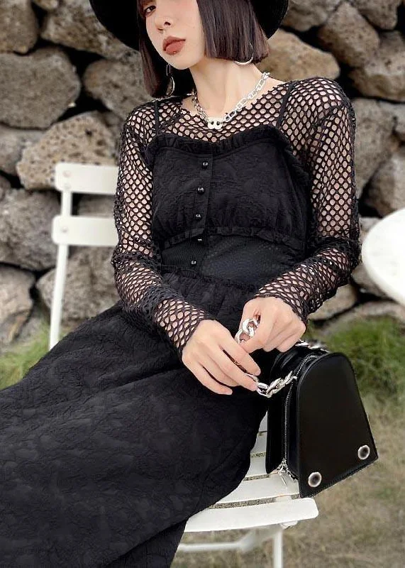 Art Black Summer Ruffled Button Cotton Maxi Dress Elegant Maxi Dress with Belt