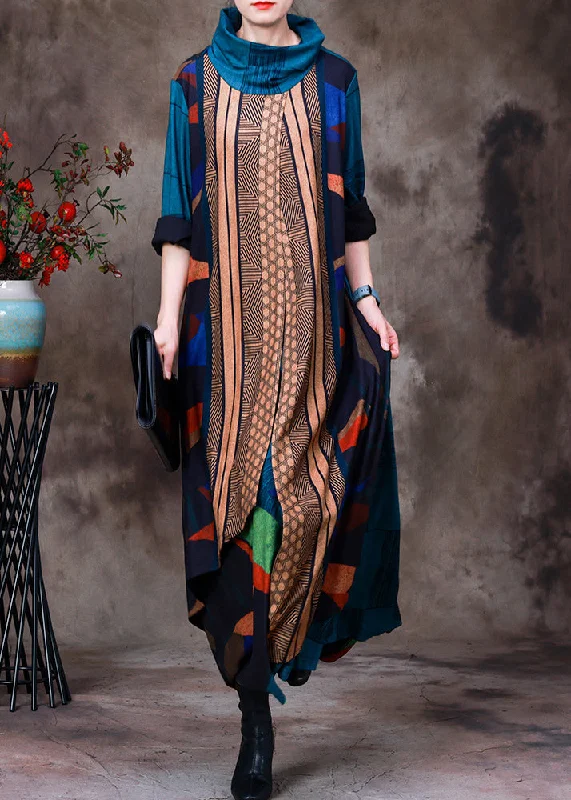 Art Blue Turtleneck Asymmetrical Print Velour Maxi Dresses Long Sleeve Comfortable Fitted Maxi Dress Art Blue Turtleneck Asymmetrical Print Velour Maxi Dresses Long Sleeve Comfortable Fitted Maxi Dress