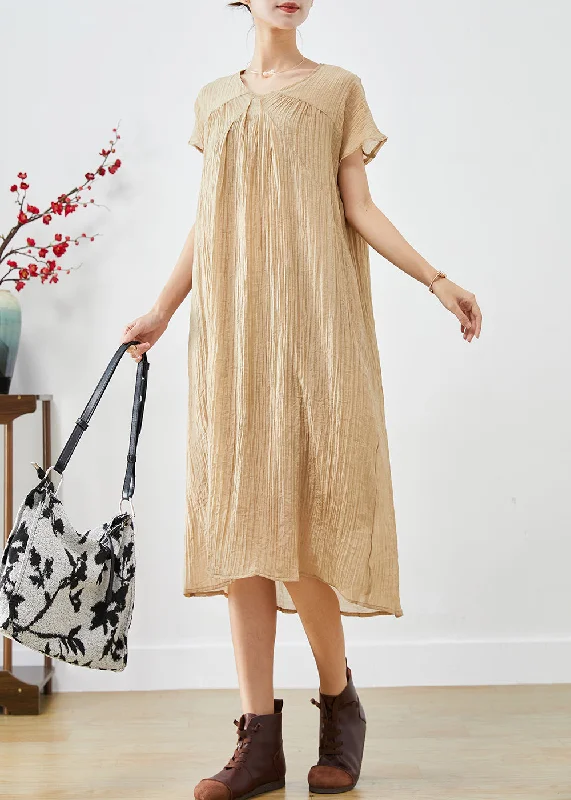 Art Khaki V Neck Wrinkled Cotton Maxi Dresses Summer Stylish Pleated A-Line Maxi Dress Art Khaki V Neck Wrinkled Cotton Maxi Dresses Summer Stylish Pleated A-Line Maxi Dress