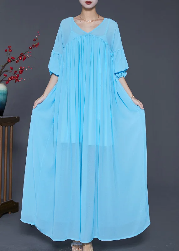 Beautiful Lake Blue Oversized Wrinkled Chiffon Maxi Dress Fall Trendy Maxi Dress with Lace Beautiful Lake Blue Oversized Wrinkled Chiffon Maxi Dress Fall Trendy Maxi Dress with Lace