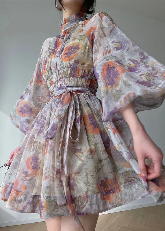 Beautiful Purple Stand Collar Wrinkled Print Silk Maxi Dresses Lantern Sleeve Chic Off-Shoulder Maxi Dress Beautiful Purple Stand Collar Wrinkled Print Silk Maxi Dresses Lantern Sleeve Chic Off-Shoulder Maxi Dress