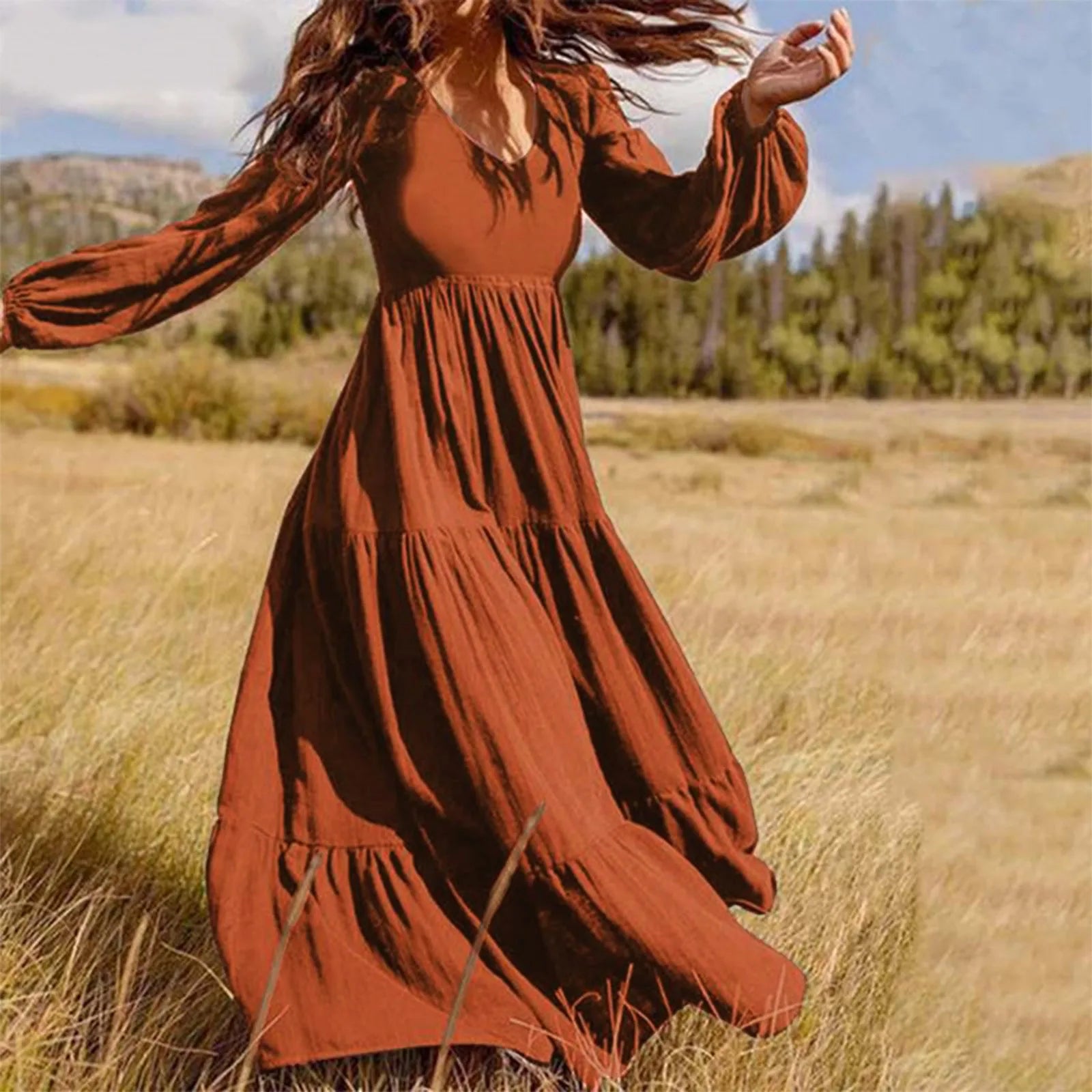 2024 Plus Size Solid Color V-Neck A-Line Boho Maxi Dress Cozy Cold-Shoulder Maxi Dress 2024 Plus Size Solid Color V-Neck A-Line Boho Maxi Dress Cozy Cold-Shoulder Maxi Dress